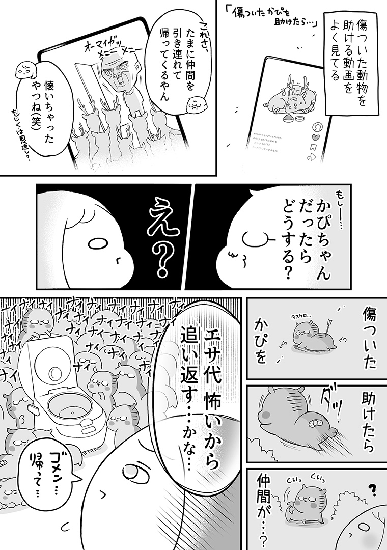 動物救助の動画を見ながら、もし“かぴ”を助けたらどうなるかを想像するお話(かぴぐらし3rd「傷ついたかぴを助けたら」P01)